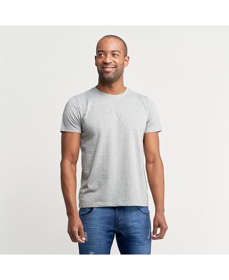 Homem vestindo camiseta masculina cinza lisa manga curta | Camisaria Colombo