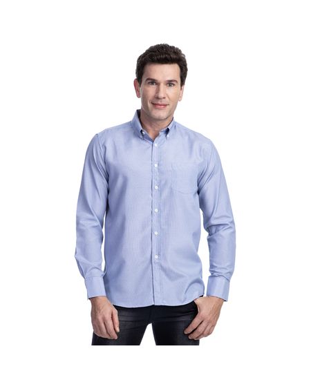 Homem vestindo camisa social masculina azul listrada manga longa | Camisaria Colombo