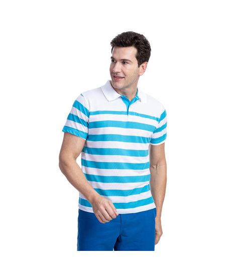 Homem vestindo camisa polo masculina azul e branco listrada | Camisaria Colombo